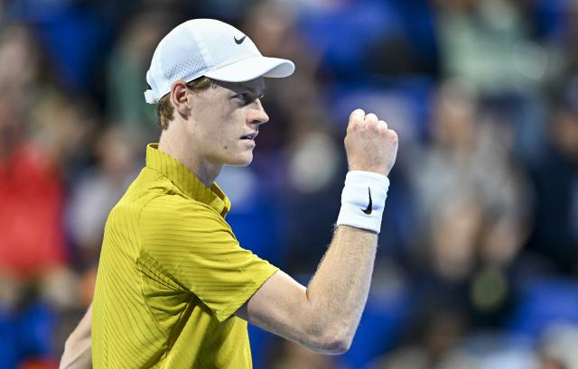 (260219) -- DOHA, Feb. 19, 2026 (Xinhua) -- Jannik Sinner of Italy reacts during the men's singles round of 16 match between Jannik Sinner of Italy and Alexei Popyrin of Australia at the ATP Qatar Open 2026 tennis tournament in Doha, Qatar, on Feb. 18, 2026. (Photo by Nikku/Xinhua)