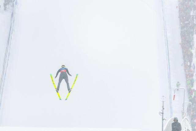 (260219) -- PREDAZZO, Feb. 19, 2026 (Xinhua) -- Johannes Rydzek of Germany competes during the ski jumping trial round of the nordic combined team sprint at the 2026 Milan-Cortina Winter Olympics in Predazzo, Italy, Feb. 19, 2026. (Xinhua/Huang Wei)