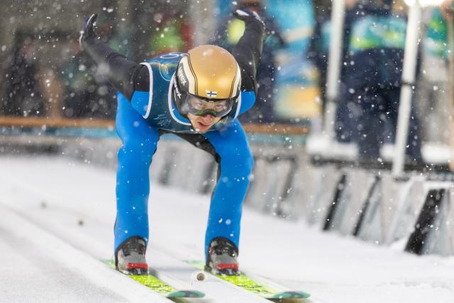 (260219) -- PREDAZZO, Feb. 19, 2026 (Xinhua) -- Ilkka Herola of Finland competes during the ski jumping trial round of the nordic combined team sprint at the 2026 Milan-Cortina Winter Olympics in Predazzo, Italy, Feb. 19, 2026. (Xinhua/Huang Wei)