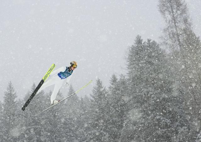 (260219) -- PREDAZZO, Feb. 19, 2026 (Xinhua) -- Jens Luraas Oftebro of Norway competes during the ski jumping trial round of the nordic combined team sprint at the 2026 Milan-Cortina Winter Olympics in Predazzo, Italy, Feb. 19, 2026. (Xinhua/Meng Yongmin)