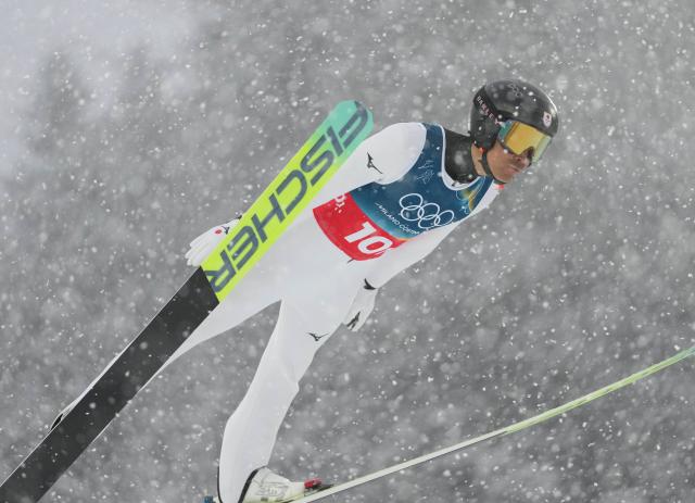 (260219) -- PREDAZZO, Feb. 19, 2026 (Xinhua) -- Watabe Akito of Japan competes during the ski jumping competition round of the nordic combined team sprint at the 2026 Milan-Cortina Winter Olympics in Predazzo, Italy, Feb. 19, 2026. (Xinhua/Meng Yongmin)