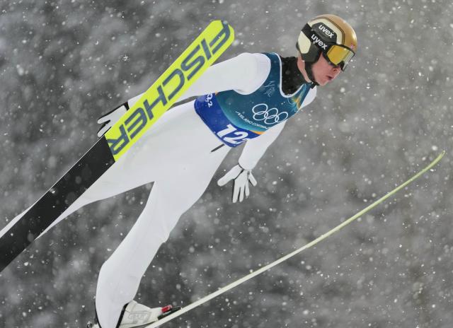 (260219) -- PREDAZZO, Feb. 19, 2026 (Xinhua) -- Jens Luraas Oftebro of Norway competes during the ski jumping competition round of the nordic combined team sprint at the 2026 Milan-Cortina Winter Olympics in Predazzo, Italy, Feb. 19, 2026. (Xinhua/Meng Yongmin)