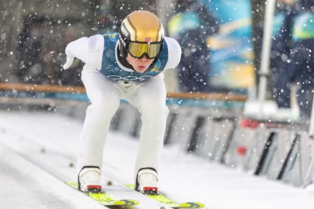 (260219) -- PREDAZZO, Feb. 19, 2026 (Xinhua) -- Jens Luraas Oftebro of Norway competes during the ski jumping trial round of the nordic combined team sprint at the 2026 Milan-Cortina Winter Olympics in Predazzo, Italy, Feb. 19, 2026. (Xinhua/Huang Wei)