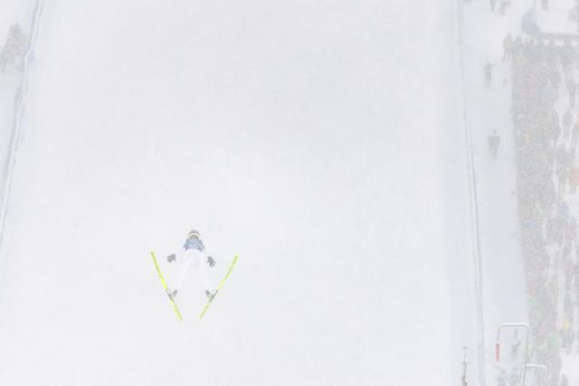 (260219) -- PREDAZZO, Feb. 19, 2026 (Xinhua) -- Jens Luraas Oftebro of Norway competes during the ski jumping trial round of the nordic combined team sprint at the 2026 Milan-Cortina Winter Olympics in Predazzo, Italy, Feb. 19, 2026. (Xinhua/Huang Wei)