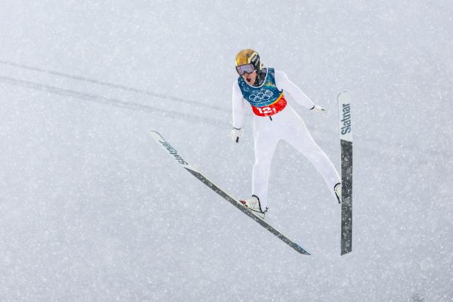 (260219) -- PREDAZZO, Feb. 19, 2026 (Xinhua) -- Andreas Skoglund of Norway competes during the ski jumping competition round of the nordic combined team sprint at the 2026 Milan-Cortina Winter Olympics in Predazzo, Italy, Feb. 19, 2026. (Xinhua/Huang Wei)