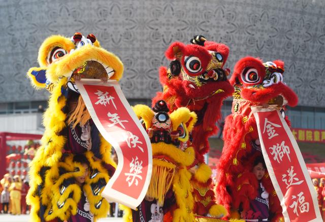 (260219) -- BEIJING, Feb. 19, 2026 (Xinhua) -- A lion dance performance is staged at Jinhu County of Huaian, east China's Jiangsu Province, Feb. 18, 2026. During the Spring Festival, various folk activities and performances are held across China. (Photo by Chen Yibao/Xinhua)