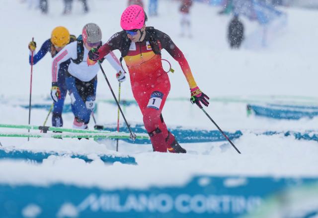 (260219) -- BORMIO, Feb. 19, 2026 (Xinhua) -- Oriol Cardona Coll (front) of Spain competes during the ski mountaineering men's sprint event at the Milan-Cortina 2026 Olympic Winter Games in Bormio, Italy, Feb. 19, 2026. (Xinhua/Hu Huhu)