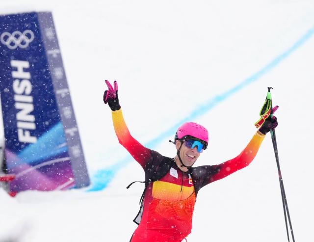 (260219) -- BORMIO, Feb. 19, 2026 (Xinhua) -- Oriol Cardona Coll of Spain celebrates after the ski mountaineering men's sprint event at the Milan-Cortina 2026 Olympic Winter Games in Bormio, Italy, Feb. 19, 2026. (Xinhua/Yan Linyun)