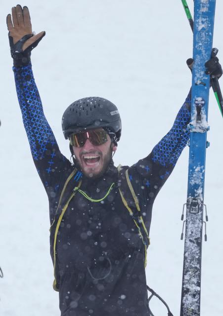 (260219) -- BORMIO, Feb. 19, 2026 (Xinhua) -- Individual neutral athlete Nikita Filippov celebrates after the ski mountaineering men's sprint event at the Milan-Cortina 2026 Olympic Winter Games in Bormio, Italy, Feb. 19, 2026. (Xinhua/Hu Huhu)