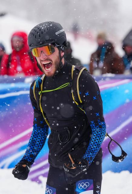 (260219) -- BORMIO, Feb. 19, 2026 (Xinhua) -- Individual neutral athlete Nikita Filippov celebrates after the ski mountaineering men's sprint event at the Milan-Cortina 2026 Olympic Winter Games in Bormio, Italy, Feb. 19, 2026. (Xinhua/Yan Linyun)