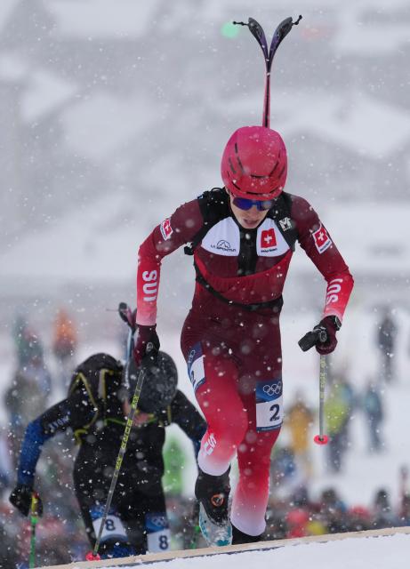 (260219) -- BORMIO, Feb. 19, 2026 (Xinhua) -- Jon Kistler of Switzerland competes during the ski mountaineering men's sprint event at the Milan-Cortina 2026 Olympic Winter Games in Bormio, Italy, Feb. 19, 2026. (Xinhua/Hu Huhu)