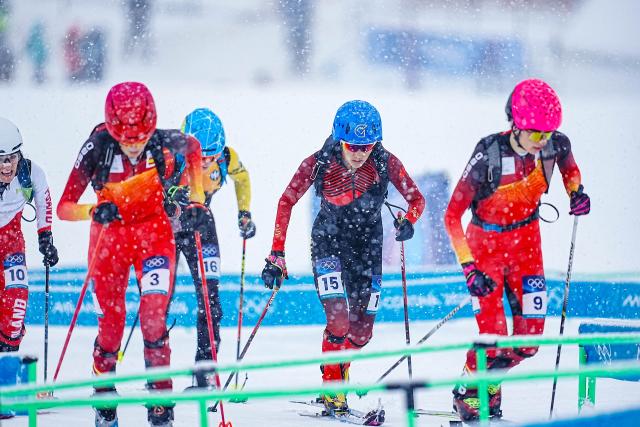 (260219) -- BORMIO, Feb. 19, 2026 (Xinhua) -- Cidan Yuzhen (2nd R) of China competes during the ski mountaineering women's sprint event at the Milan-Cortina 2026 Olympic Winter Games in Bormio, Italy, Feb. 19, 2026. (Xinhua/Yan Linyun)