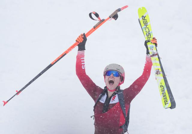 (260219) -- BORMIO, Feb. 19, 2026 (Xinhua) -- Marianne Fatton of Switzerland celebrates after the ski mountaineering women's sprint event at the Milan-Cortina 2026 Olympic Winter Games in Bormio, Italy, Feb. 19, 2026. (Xinhua/Hu Huhu)