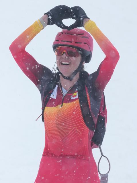 (260219) -- BORMIO, Feb. 19, 2026 (Xinhua) -- Ana Alonso Rodriguez of Spain celebrates after the ski mountaineering women's sprint event at the Milan-Cortina 2026 Olympic Winter Games in Bormio, Italy, Feb. 19, 2026. (Xinhua/Hu Huhu)