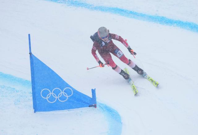 (260219) -- BORMIO, Feb. 19, 2026 (Xinhua) -- Marianne Fatton of Switzerland competes during the ski mountaineering women's sprint event at the Milan-Cortina 2026 Olympic Winter Games in Bormio, Italy, Feb. 19, 2026. (Xinhua/Hu Huhu)