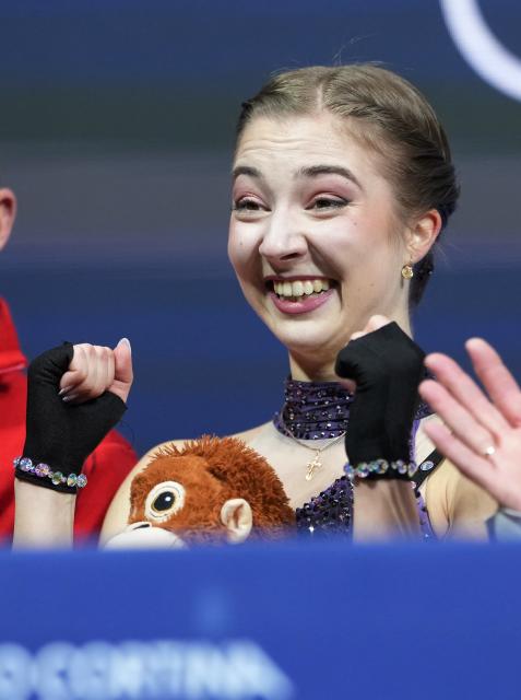 (260219) -- MILAN, Feb. 19, 2026 (Xinhua) -- Olga Mikutina of Austria reacts while waiting for her score during the free skating match of figure skating women single skating at the Milan-Cortina 2026 Olympic Winter Games in Milan, Italy, Feb. 19, 2026. (Xinhua/Xue Yuge)