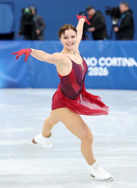 (260219) -- MILAN, Feb. 19, 2026 (Xinhua) -- Sofia Samodelkina of Kazakhstan competes during the free skating match of figure skating women single skating at the Milan-Cortina 2026 Olympic Winter Games in Milan, Italy, Feb. 19, 2026. (Xinhua/Li Ming)