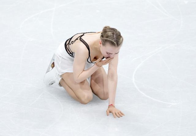 (260219) -- MILAN, Feb. 19, 2026 (Xinhua) -- Anastasiia Gubanova of Georgia reacts after the free skating match of figure skating women single skating at the Milan-Cortina 2026 Olympic Winter Games in Milan, Italy, Feb. 19, 2026. (Xinhua/Xue Yuge)