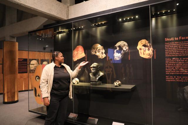 (260220) -- GAUTENG, Feb. 20, 2026 (Xinhua) -- A docent explains at the Maropeng exhibition center, located in the Cradle of Humankind World Heritage Site, in Gauteng Province, South Africa, on Feb. 19, 2026. The World Heritage listed Cradle of Humankind caves have produced a rich collection of human ancestor fossils. (Xinhua/Chen Wei)