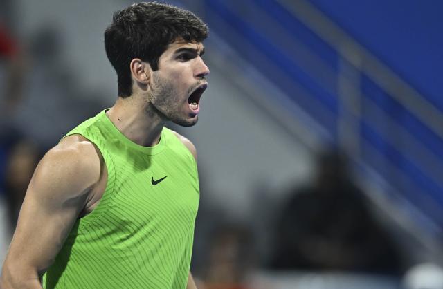 (260220) -- DOHA, Feb. 20, 2026 (Xinhua) -- Carlos Alcaraz of Spain celebrates after winning the men's singles quarterfinal match between Carlos Alcaraz of Spain and Karen Khachanov of Russia at the ATP Qatar Open 2026 tennis tournament in Doha, Qatar, Feb. 19, 2026. (Photo by Nikku/Xinhua)