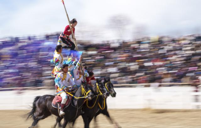 (260220) -- LHASA, Feb. 20, 2026 (Xinhua) -- Equestrian performers put on a show in Lhasa, southwest China's Xizang Autonomous Region, Feb. 20, 2026. Monday was the Chinese New Year's Eve, which was just one day earlier than the Night of Gutu of the Tibetan calendar this year, the prelude to the Tibetan New Year, or Losar, the most important festival in the Tibetan calendar.
    Losar is a time for family reunions. It is marked by religious rituals, long prayers, horse racing, family gatherings and feasts. 
    The city of Lhasa hosted ethnic equestrian performances and horse racing on Friday, the fourth day of the Year of the Horse, and also the third day of the Tibetan New Year, showcasing superb traditional skills and offering visual enjoyment to the audience. (Xinhua/Tenzin Nyida)