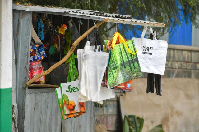 (260220) -- ADDIS ABABA, Feb. 20, 2026 (Xinhua) -- Woven bags are seen at a shop in Addis Ababa, Ethiopia, Feb. 7, 2026. TO GO WITH "Feature: Ethiopia embraces paper bags as single-use plastic ban takes effect" (Photo by Michael Tewelde/Xinhua)