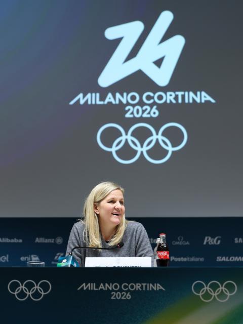 (260220) -- MILAN, Feb. 20, 2026 (Xinhua) -- International Olympic Committee (IOC) President Kirsty Coventry attends a press conference in Milan, Italy, Feb. 20, 2026. (Xinhua/Hu Xingyu)