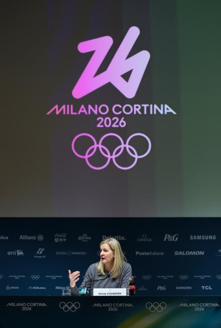 (260220) -- MILAN, Feb. 20, 2026 (Xinhua) -- International Olympic Committee (IOC) President Kirsty Coventry speaks during a press conference in Milan, Italy, Feb. 20, 2026. (Xinhua/Hu Xingyu)