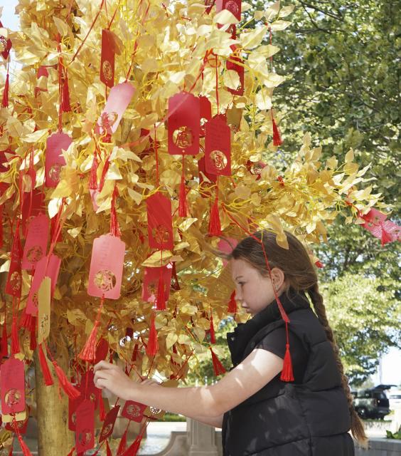 (260221) -- CHRISTCHURCH, Feb. 21, 2026 (Xinhua) -- A girl hangs a wish tag at an event celebrating the Spring Festival in Christchurch, New Zealand, Feb. 21, 2026. A series of events celebrating the Spring Festival is held here from Feb. 20 to 22. (Photo by Chen Siyumeng/Xinhua)