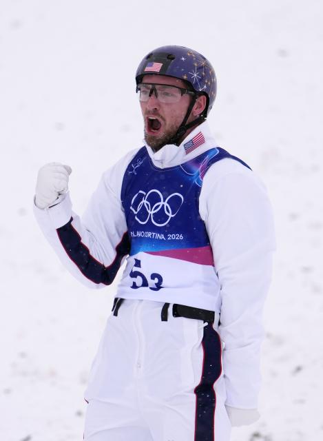 (260221) -- LIVIGNO, Feb. 21, 2026 (Xinhua) -- Christopher Lillis of the United States reacts during the freestyle skiing mixed team aerials final 2 at the Milan-Cortina 2026 Olympic Winter Games in Livigno, Italy, Feb. 21, 2026. (Xinhua/Hu Chao)