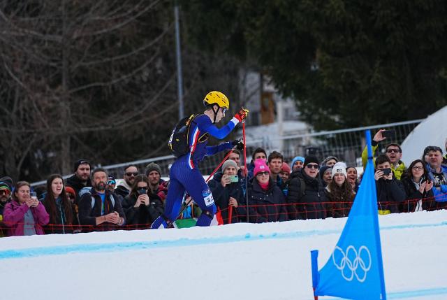 (260221) -- BORMIO, Feb. 21, 2026 (Xinhua) -- Thibault Anselmet of France competes during the ski mountaineering mixed relay event at the Milan-Cortina 2026 Olympic Winter Games in Bormio, Italy, Feb. 21, 2026. (Xinhua/Yan Linyun)