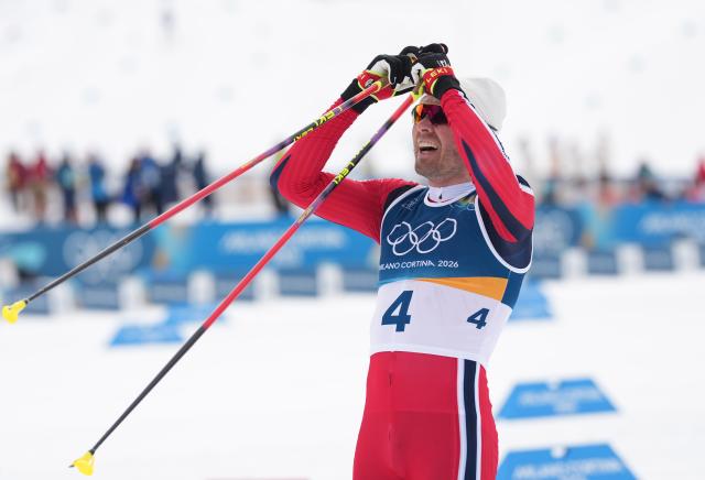 (260221) -- TESERO, Feb. 21, 2026 (Xinhua) -- Emil Iversen of Norway celebrates after the cross-country skiing men's 50km mass start classic match at the Milan-Cortina 2026 Olympic Winter Games in Tesero, Italy, Feb. 21, 2026. (Xinhua/Meng Yongmin)