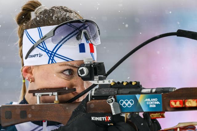(260221) -- ANTERSELVA, Feb. 21, 2026 (Xinhua) -- Oceane Michelon of France competes during the biathlon women's 12.5km mass start event at the 2026 Milan-Cortina Winter Olympics in Anterselva, Italy, Feb. 21, 2026. (Xinhua/Jiang Han)