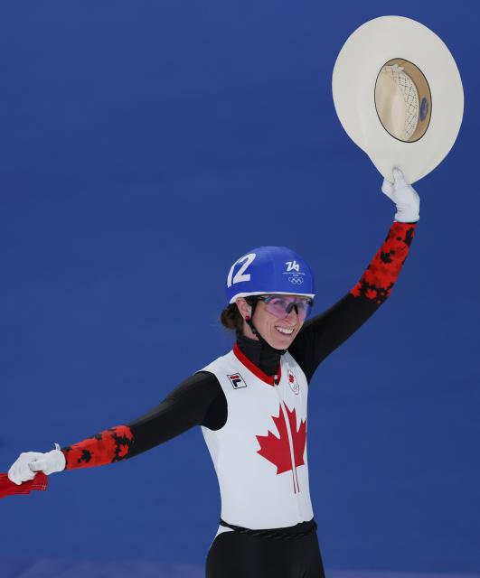 (260221) -- MILAN, Feb. 21, 2026 (Xinhua) -- Ivanie Blondin of Canada celebrates after the speed skating women's mass start final at the Milan-Cortina 2026 Olympic Winter Games in Milan, Italy, Feb. 21, 2026. (Xinhua/Du Xiaoyi)
