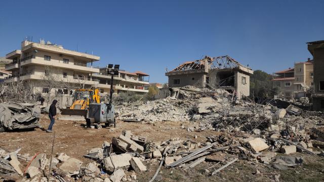 (260222) -- RIYAQ, Feb. 22, 2026 (Xinhua) -- This photo taken on Feb. 21, 2026 shows buildings destroyed by Israeli airstrikes in Riyaq, eastern Lebanon. Three commanders from the Lebanese Hezbollah group and eight others were killed, with 35 more were injured, in a series of Israeli airstrikes on eastern Lebanon on Friday, according to official and Lebanese security sources. (Photo by Taher Abu Hamdan/Xinhua)