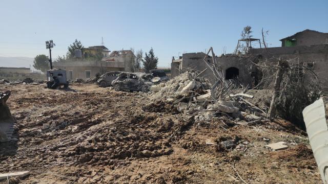 (260222) -- RIYAQ, Feb. 22, 2026 (Xinhua) -- This photo taken on Feb. 21, 2026 shows buildings destroyed by Israeli airstrikes in Riyaq, eastern Lebanon. Three commanders from the Lebanese Hezbollah group and eight others were killed, with 35 more were injured, in a series of Israeli airstrikes on eastern Lebanon on Friday, according to official and Lebanese security sources. (Photo by Taher Abu Hamdan/Xinhua)