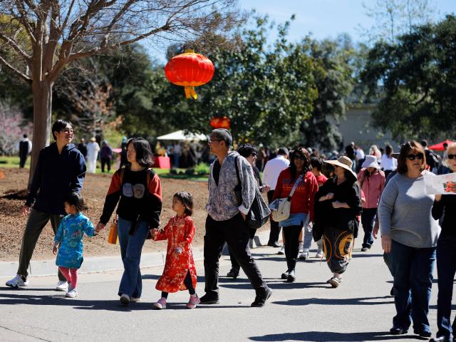 (260222) -- CALIFORNIA, Feb. 22, 2026 (Xinhua) -- Visitors are seen at the Huntington Library, Art Museum, and Botanical Gardens in San Marino, Los Angeles County, California, the United States, on Feb. 21, 2026. The Chinese New Year was celebrated at the Huntington Library with arts and crafts, music and a lion dance performance. (Photo by Qiu Chen/Xinhua)