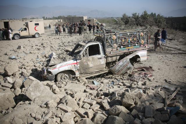 (260222) -- NANGARHAR, Feb. 22, 2026 (Xinhua) -- Local residents check the debris following an airstrike in Afghanistan's Nangarhar Province, on Feb. 22, 2026. Zabihullah Mujahid, spokesperson for the Afghan government, confirmed on X on Sunday that the Pakistani military had once again carried out airstrikes on border areas between Afghanistan and Pakistan, causing dozens of casualties. (Photo by Saifurahman Safi/Xinhua)