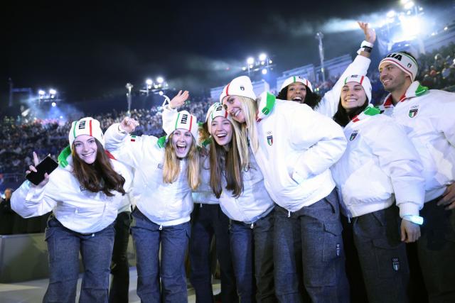 (260222) -- VERONA, Feb. 22, 2026 (Xinhua) -- Italian athletes attend the closing ceremony of the Milan-Cortina 2026 Olympic Winter Games at Verona Olympic Arena in Verona, Italy, Feb. 22, 2026. (Xinhua/Li Ming)