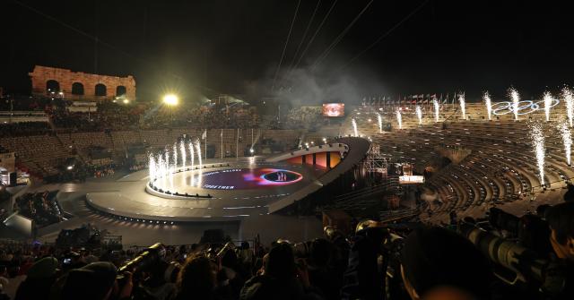 (260222) -- VERONA, Feb. 22, 2026 (Xinhua) -- This photo taken on Feb. 22, 2026 shows the closing ceremony of the Milan-Cortina 2026 Olympic Winter Games at Verona Olympic Arena in Verona, Italy. (Xinhua/Li Jing)