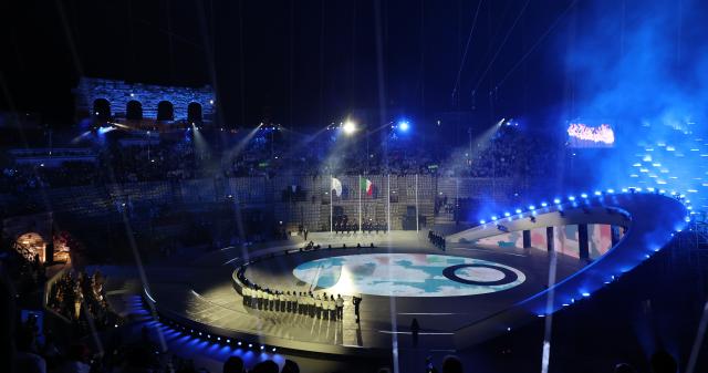 (260222) -- VERONA, Feb. 22, 2026 (Xinhua) -- This photo taken on Feb. 22, 2026 shows the closing ceremony of the Milan-Cortina 2026 Olympic Winter Games at Verona Olympic Arena in Verona, Italy. (Xinhua/Li Jing)