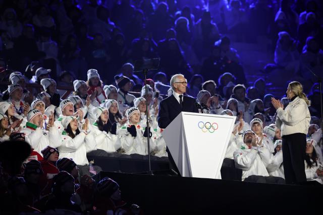 (260222) -- VERONA, Feb. 22, 2026 (Xinhua) -- Giovanni Malago, president of the Milan-Cortina 2026 organizing committee, addresses the closing ceremony of the Milan-Cortina 2026 Olympic Winter Games at Verona Olympic Arena in Verona, Italy, Feb. 22, 2026. (Xinhua/Li Ming)