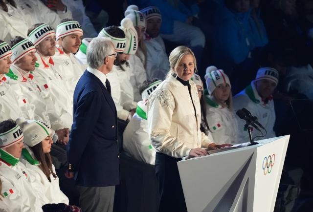 (260222) -- VERONA, Feb. 22, 2026 (Xinhua) -- International Olympic Committee (IOC) President Kirsty Coventry addresses the closing ceremony of the Milan-Cortina 2026 Olympic Winter Games at Verona Olympic Arena in Verona, Italy, Feb. 22, 2026. (Xinhua/Xue Yuge)