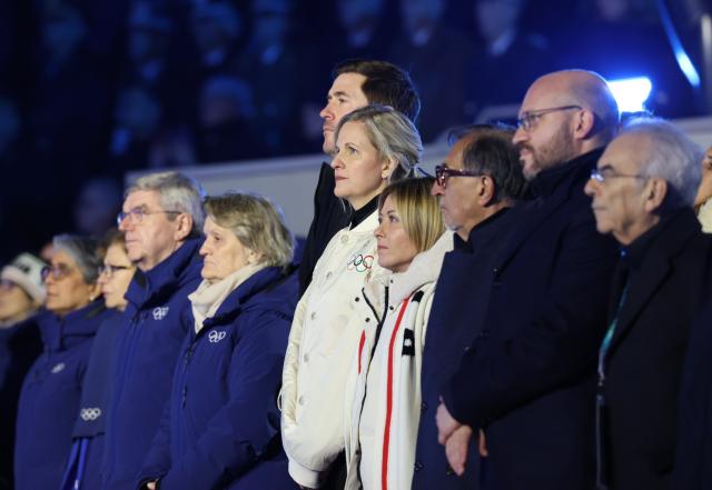 (260222) -- VERONA, Feb. 22, 2026 (Xinhua) -- International Olympic Committee (IOC) President Kirsty Coventry (5th R) attends the closing ceremony of the Milan-Cortina 2026 Olympic Winter Games at Verona Olympic Arena in Verona, Italy, Feb. 22, 2026. (Xinhua/Li Ming)