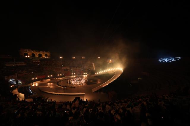 (260222) -- VERONA, Feb. 22, 2026 (Xinhua) -- This photo taken on Feb. 22, 2026 shows the closing ceremony of the Milan-Cortina 2026 Olympic Winter Games at Verona Olympic Arena in Verona, Italy. (Xinhua/Li Jing)