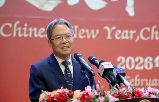 (260223) -- ISLAMABAD, Feb. 23, 2026 (Xinhua) -- Chinese Ambassador to Pakistan Jiang Zaidong speaks during a Spring Festival celebration in Islamabad, capital of Pakistan, on Feb. 21, 2026. The Spring Festival celebration event themed "Chinese New Year, China Pakistan Go Together," hosted by the Chinese Embassy in Pakistan, was held here on Saturday evening.
   Representatives from different sectors of Pakistani society, overseas Chinese, Chinese enterprises, and media attended the event.
   TO GO WITH "Spring Festival celebration event held in Pakistan" (Xinhua/Zhang Jingyao)