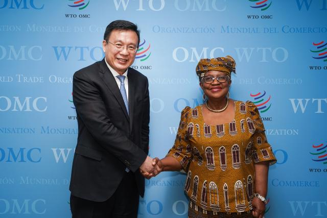 (260223) -- GENEVA, Feb. 23, 2026 (Xinhua) -- President of Xinhua News Agency Fu Hua meets with World Trade Organization (WTO) Director-General Ngozi Okonjo-Iweala in Geneva, Switzerland, Feb. 23, 2026. (Xinhua/Peng Ziyang)