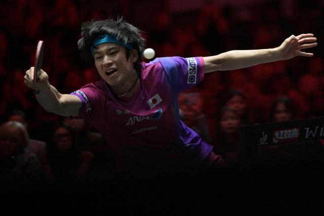 (260224) -- SINGAPORE, Feb. 24, 2026 (Xinhua) -- Togami Shunsuke of Japan hits a return during the men's singles round of 32 match between Wang Chuqin of China and Togami Shunsuke of Japan at the World Table Tennis (WTT) Singapore Smash 2026 in Singapore on Feb. 24, 2026. (Photo by Then Chih Wey/Xinhua)