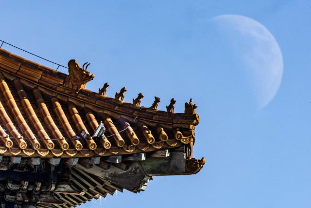 (260224) -- BEIJING, Feb. 24, 2026 (Xinhua) -- This photo taken on Feb. 24, 2026 shows the moon over Qiqihar City, northeast China's Heilongjiang Province. The largest first quarter moon of the year appeared in the sky on Tuesday. The moon was near its perigee in orbit, approximately 370,000 kilometers from the Earth. (Photo by Wang Yonggang/Xinhua)