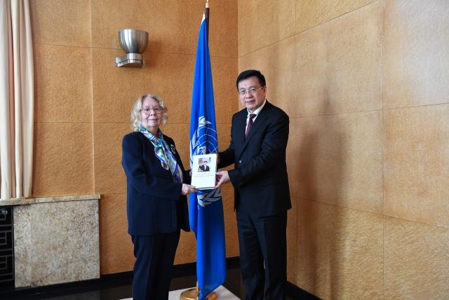(260224) -- GENEVA, Feb. 24, 2026 (Xinhua) -- Fu Hua, president of Xinhua News Agency, meets with Tatiana Valovaya, director-general of the United Nations Office at Geneva, in Geneva, Switzerland, Feb. 24, 2026. (Xinhua/Lian Yi)